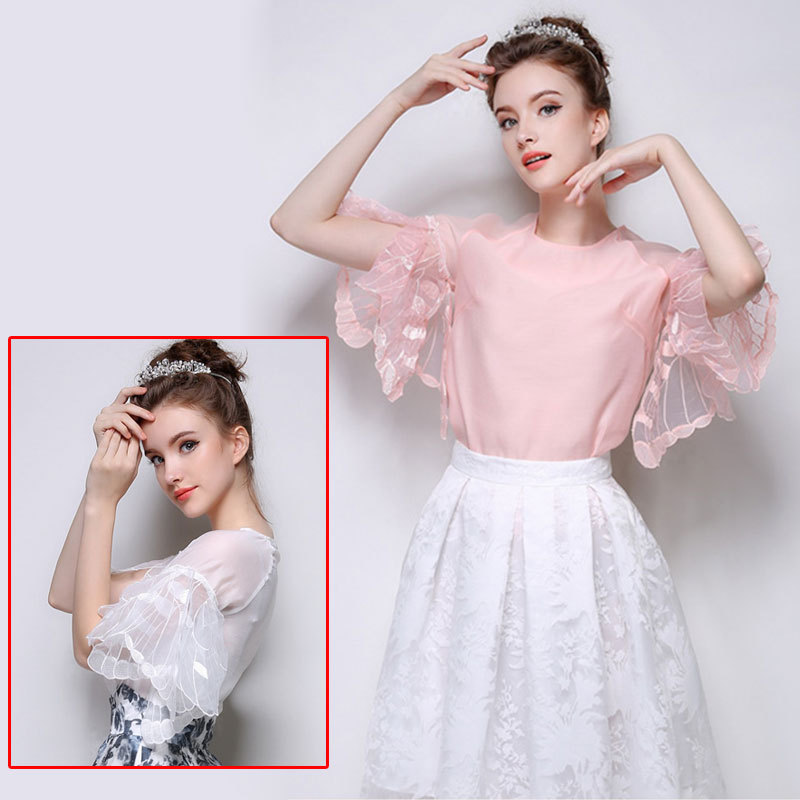 Pink sweet temperament Butterfly sleeve organza t-shirt short sleeves in summer new ladies tops wholesale