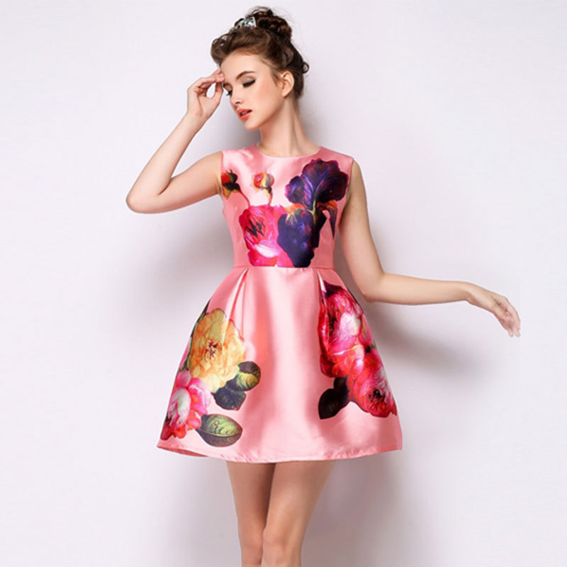 Quality summer printing new stylish sweet sleeveless dresses, high-waisted short pink dress wholesale