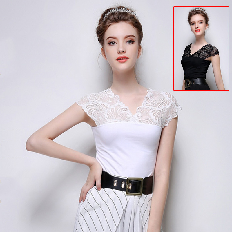 Sexy lace stitching v-neck Joker sleeveless cotton t-shirt for woemen tops factory direct wholesale summer styles