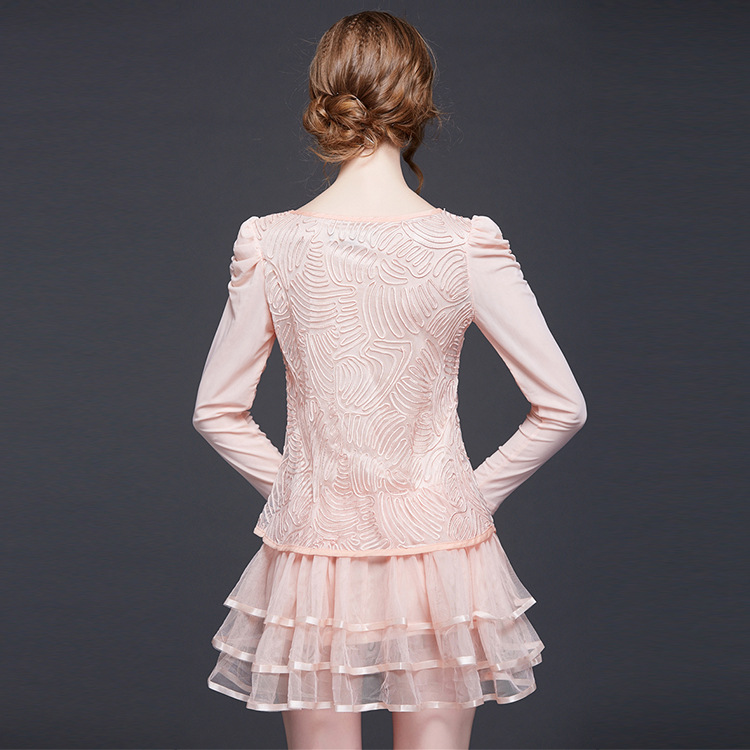 fall pink lace hembroidered dresses slim long sleeve puff new wholesale clothing
