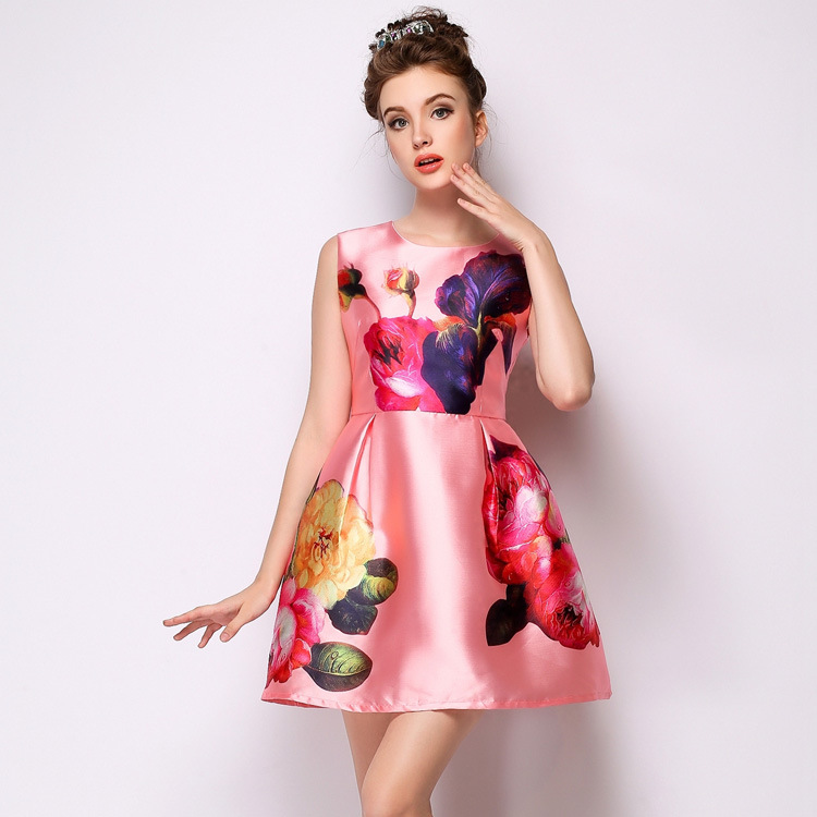 Quality summer printing new stylish sweet sleeveless dresses, high-waisted short pink dress wholesale