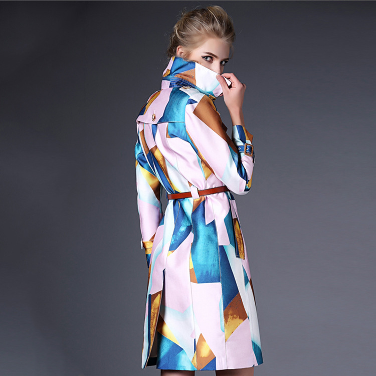 style matching printing lapel double breasted long slim windbreaker women long trench coat fall winter