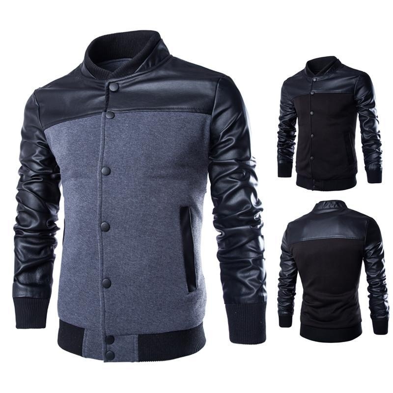 fashion leather stitching design Mens sweater collar British slim jacket