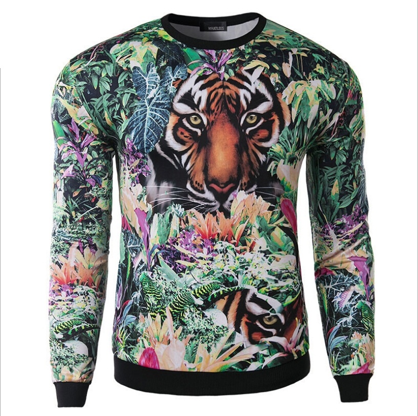 Fashion Men Clothing Men Well-fitting Long Sleeve Casual Pullover Men 3D Digital Floral&Tiger Printed Hoody Shirt Round Coll