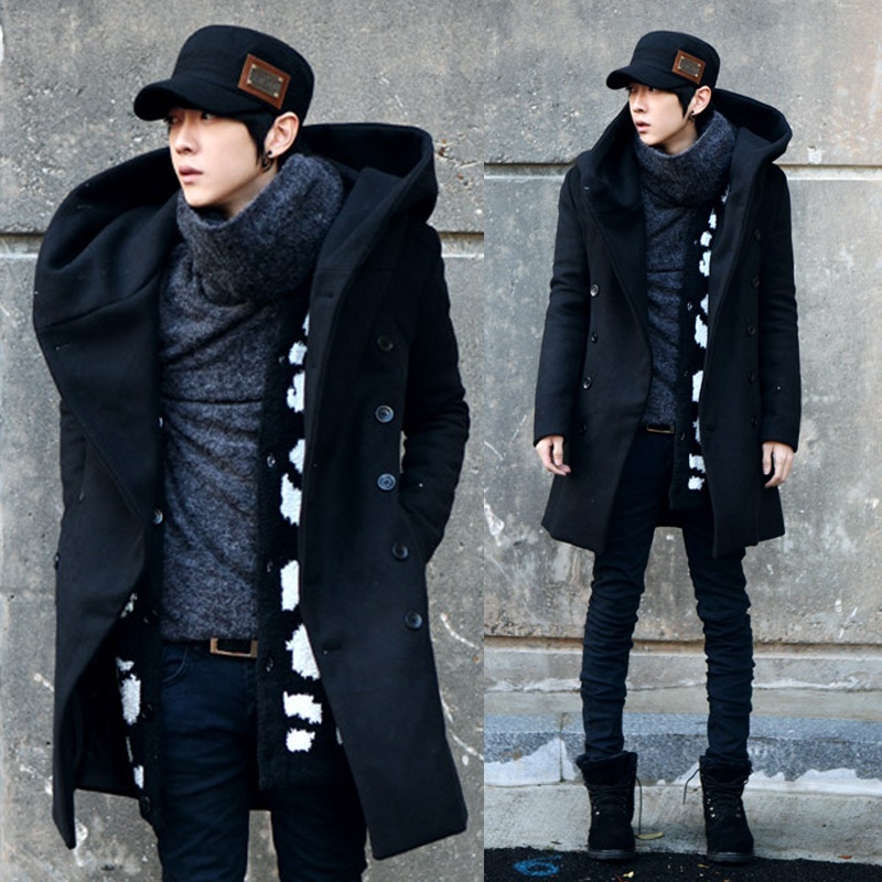 Men Wild Winter Coat Woolen Slim Long Male Thick Hooded Coats Clothes HH