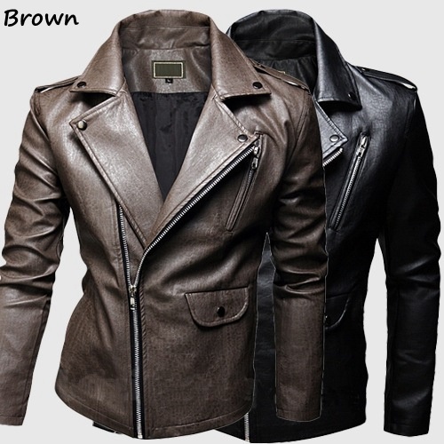 Men's Brown Slim Full Sleeves Jackets Motorcycle leather Spring And Autumn Solid Turn-down Colla Open Stitch Short Oblique zippe