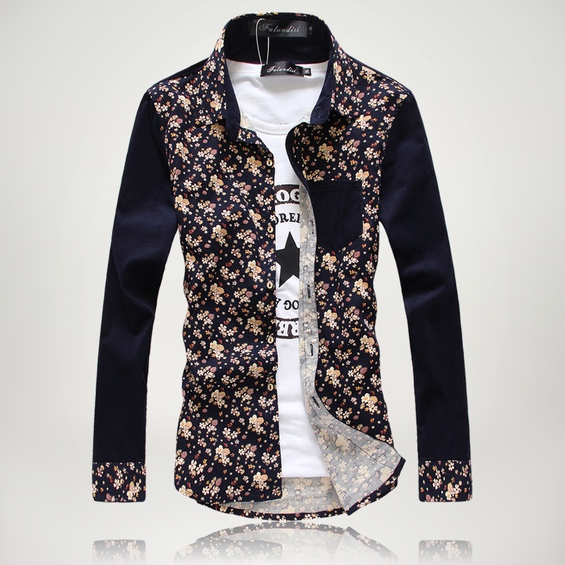 Men's long-sleeved shirt Slim flower in spring and autumn fashion new fashion floral print blouse stitching shirts casual shirts
