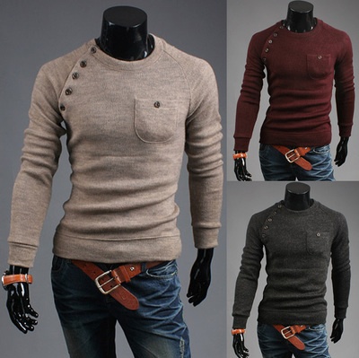 men's round neck long-sleeved sweater, men's single pocket Korean Slim pullover