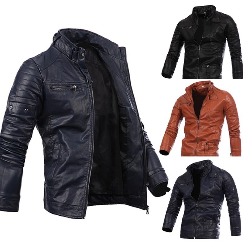 Men's Zipper Leather Motorcycle Standing Collar Jackets Coat Black/Brown