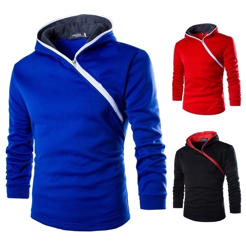 New Fashion Oblique Zipper Jumper Men Trade Short Solid Colored Body Brushed Hoodie