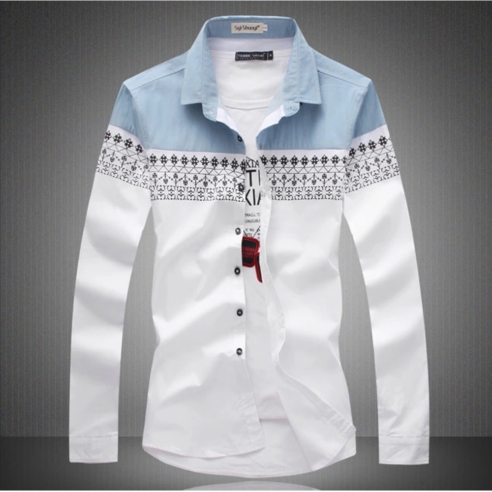 Plus Size 4XL Mens Cotton Slim Fit Dress Button-down Shirts Long Sleeve Patchwork Business Shirt