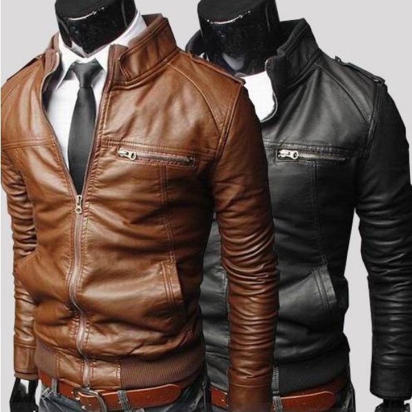 Slim fit British Style Jacket Men Standing collar Leather Coat