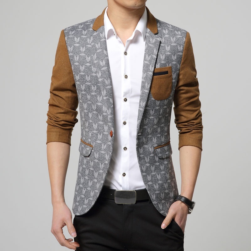 Autumn Men Korean Slim Classic Color Mosaic Blazer Suit