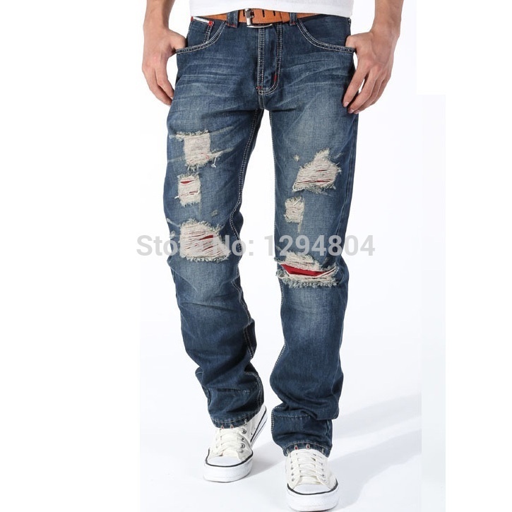 mens jeans brand destroyed hole jeans straight men's robin jeans loose frayed denim true harem jeans men 109@NVC