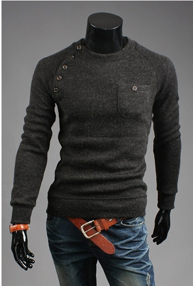 men's round neck long-sleeved sweater, men's single pocket Korean Slim pullover