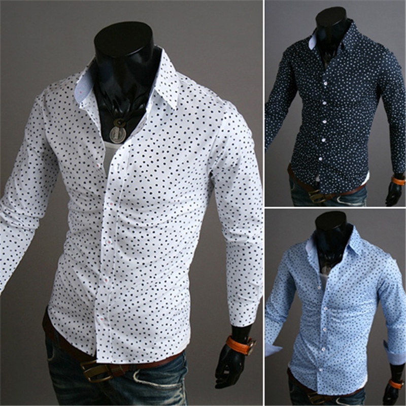 New fashion Casual Korean version of the dot printing men's long-sleeved shirt