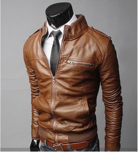 Slim fit British Style Jacket Men Standing collar Leather Coat