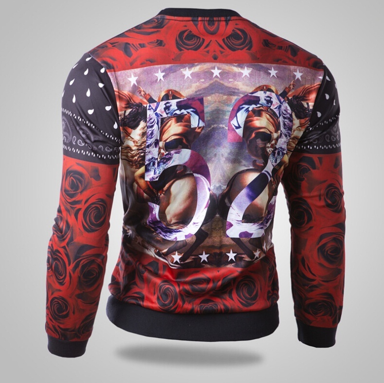 Men Casual Clothing 3D Rose Pattern Design Printed Shirt Well-fitting Contrast Color Long Sleeve Leisure Fleece O-neck Hoody T-s