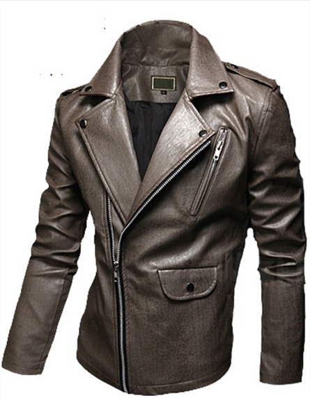 Men's fashion solid color lapel oblique washed leather motorcycle jacket zipper Slim Short