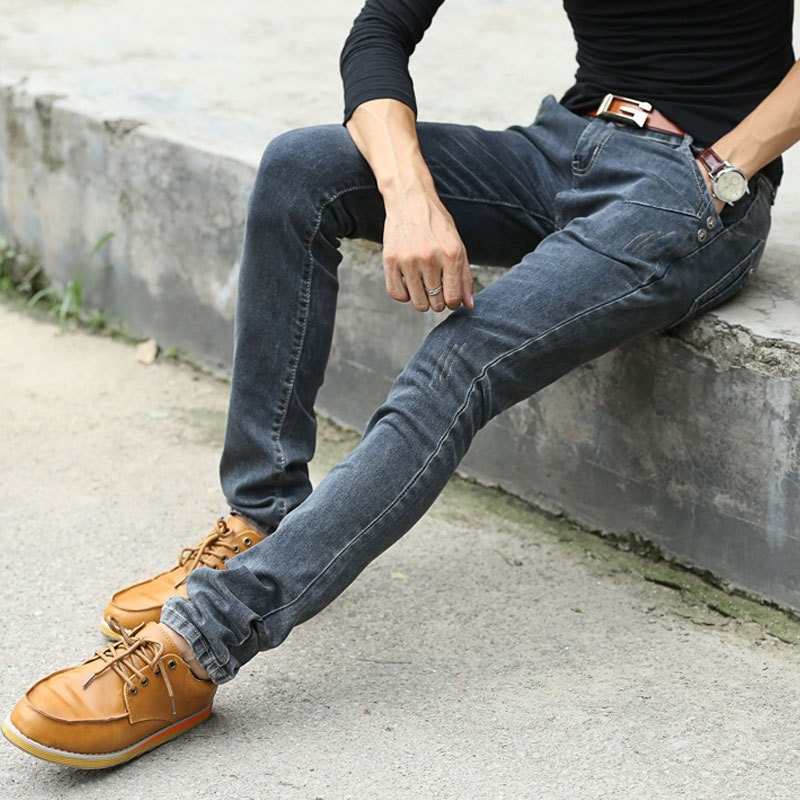spring and summer men's Slim thin black stretch fashion jeans feet