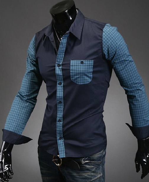 The new men's plaid stitching Slim casual long-sleeved shirt