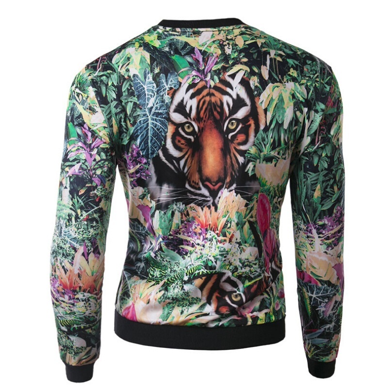 Fashion Men Clothing Men Well-fitting Long Sleeve Casual Pullover Men 3D Digital Floral&Tiger Printed Hoody Shirt Round Coll