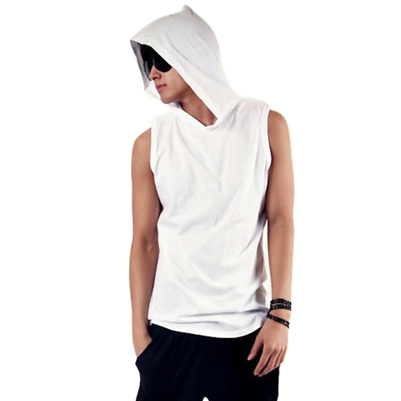 Fashion Men T-shirt Beach Hooded Casual Hoodie Sleeveless Cap Tops