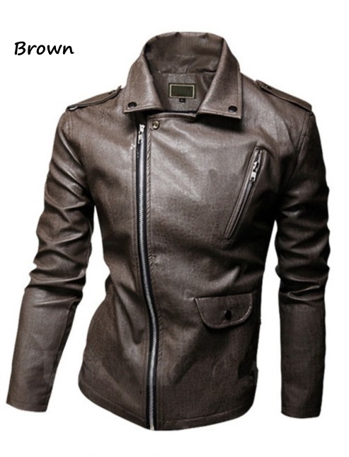 Men's Brown Slim Full Sleeves Jackets Motorcycle leather Spring And Autumn Solid Turn-down Colla Open Stitch Short Oblique zippe