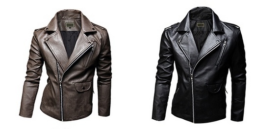 Men's fashion solid color lapel oblique washed leather motorcycle jacket zipper Slim Short