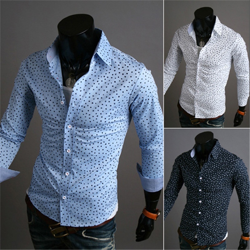 New fashion Casual Korean version of the dot printing men's long-sleeved shirt