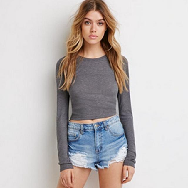 American Fashion Spring women gray short pullover Casual stretch O-neck long Sleeve fit brand knitted sweater cropped Tops