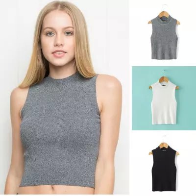 American Fashion women Knitted sexy off shuolder Turtleneck short sleeveless stretch casual brand cropped Tank tops