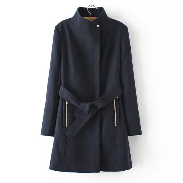 European Fashion Winter Women black Pocket zipper Woolen long coat long sleeve stand collar with belt classic Casual Brand