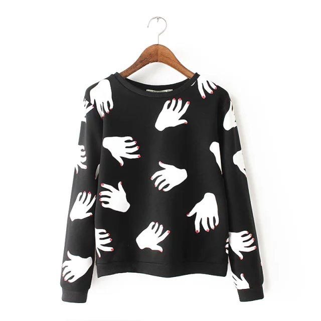European Fashion women black Hand print sports pullover hoodies outwear Casual stylish long Sleeve sweatshirts brand