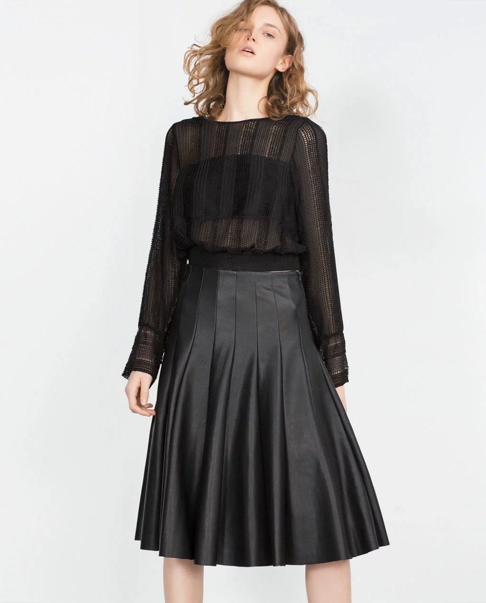 European Fashion women faux leather black Knee-Length Pleated skirts vintage high waist side zipper casual brand female