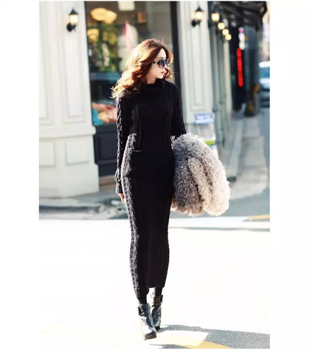 European Fashion women Winter warm Turtleneck Black Twist Knitted sweater long Dress Vintage long sleeve pocket brand