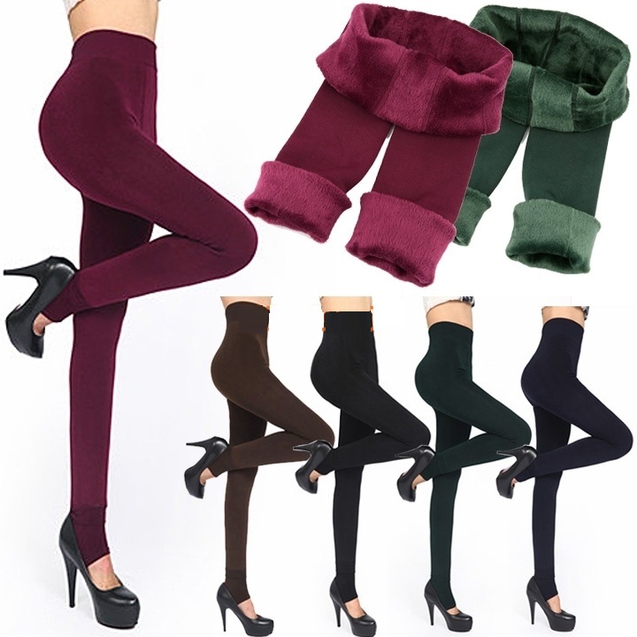 Fashion 6 Colors Brushed Stretch Fleece Lined Thick Warm Winter Pants Warm Leggings Black