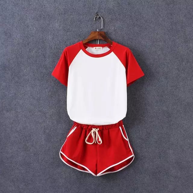 Fashion Sport short sleeve white red patchwork T shirt + Shorts Two Piece Set for women drawstring waist casual brand