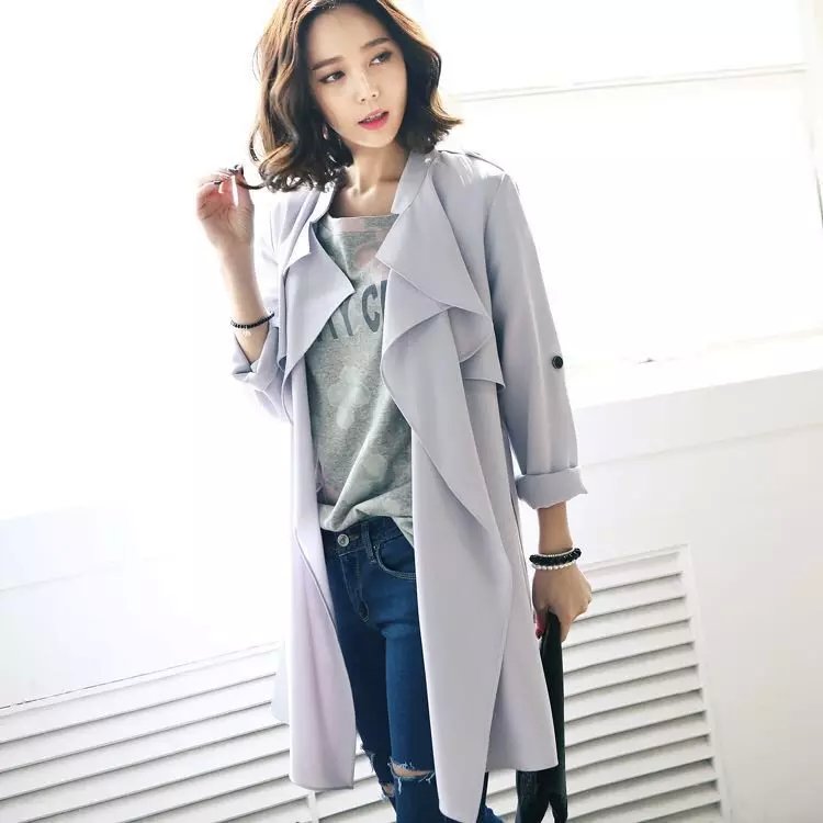 Fashion Spring elegant gray chiffon With Belt trench coat for women long sleeve classic outwear Casual brand female