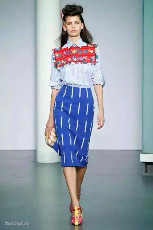 Fashion Spring women office bird striped patchwork print blouse+Skirt Two Piece Sets blue zipper pencil casual Brand femlae