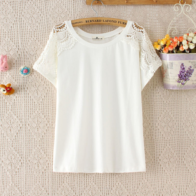 Fashion summer women cotton Lace Hollow out shouler white T-shirt Casual short sleeve O-neck loose shirt brand tops