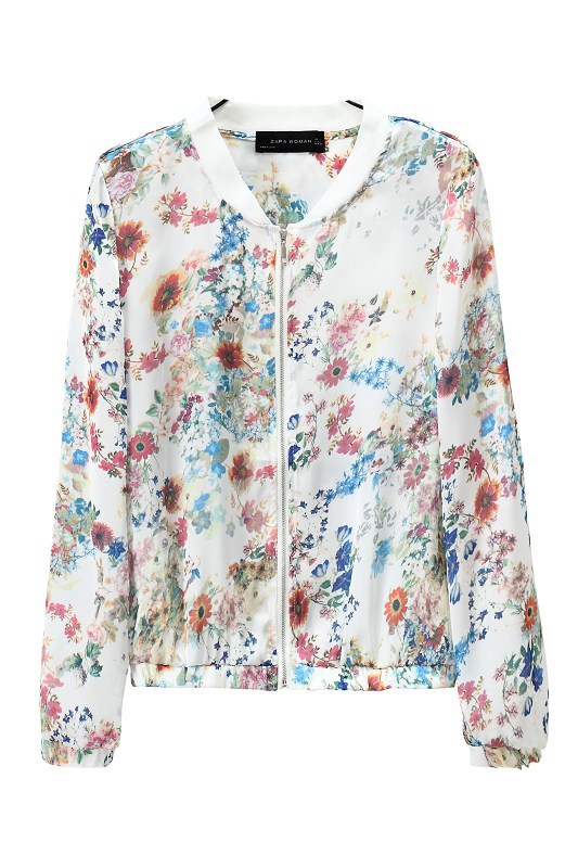 Fashion vintage floral Print jacket for women long sleeve Zipper stand collar pocket outwear casual brand tops
