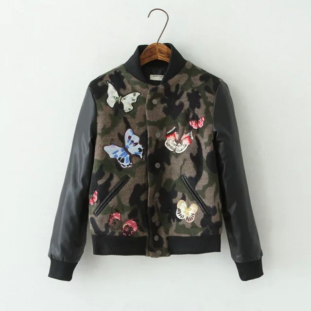 Fashion Winter Women PU patchwork woolen camouflage print Butterfly Embroidery coats button pocket Stand collar Brand