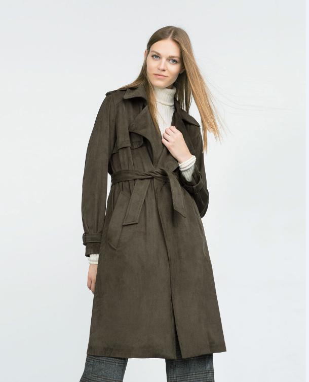 Fashion women army green Faux Suede Leather with belt Long trench Casual Classic turn-down collar pocket brand coat
