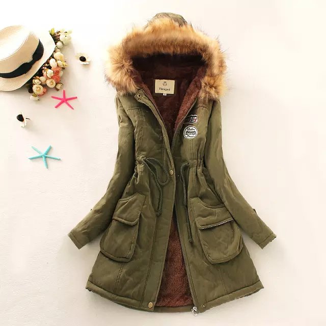 Fashion Women Army green Letter patchwork Cotton fur Hooded Zipper Pocket drawstring winter thick warm Parkas plus size