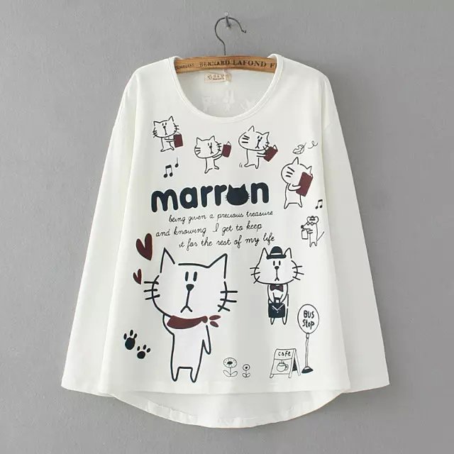 Fashion Women Autumn white cotton Letter Cat Print O-Neck batwing Sleeve T-shirt Casual loose brand tops