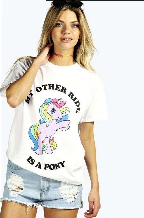 Fashion women Cute white pony Cartoon Letter print T-shirt O-neck short sleeve casual brand tops