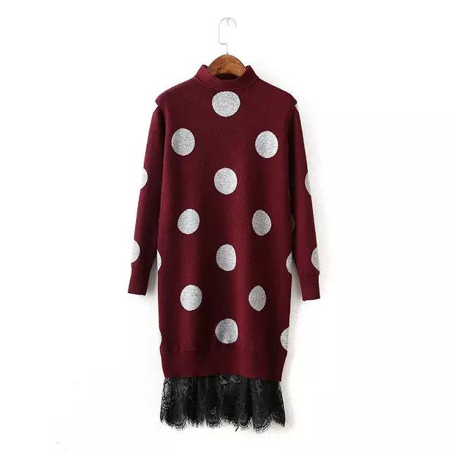 Fashion Women elegant Dots pattern knitted sweater Lace patchwork wine red Dress Turtleneck Long sleeve casual brand