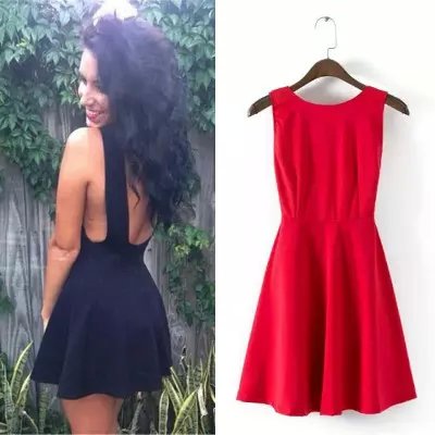 Fashion Women elegant sexy red O-neck backless mini pleated Dress sleeveless off shoulder party casual brand female