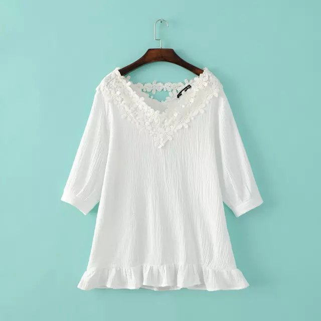 Fashion women elegant sweet white cotton Linen lace patchwork ruffle blouses V-neck Three Quarter shirts casual brand tops